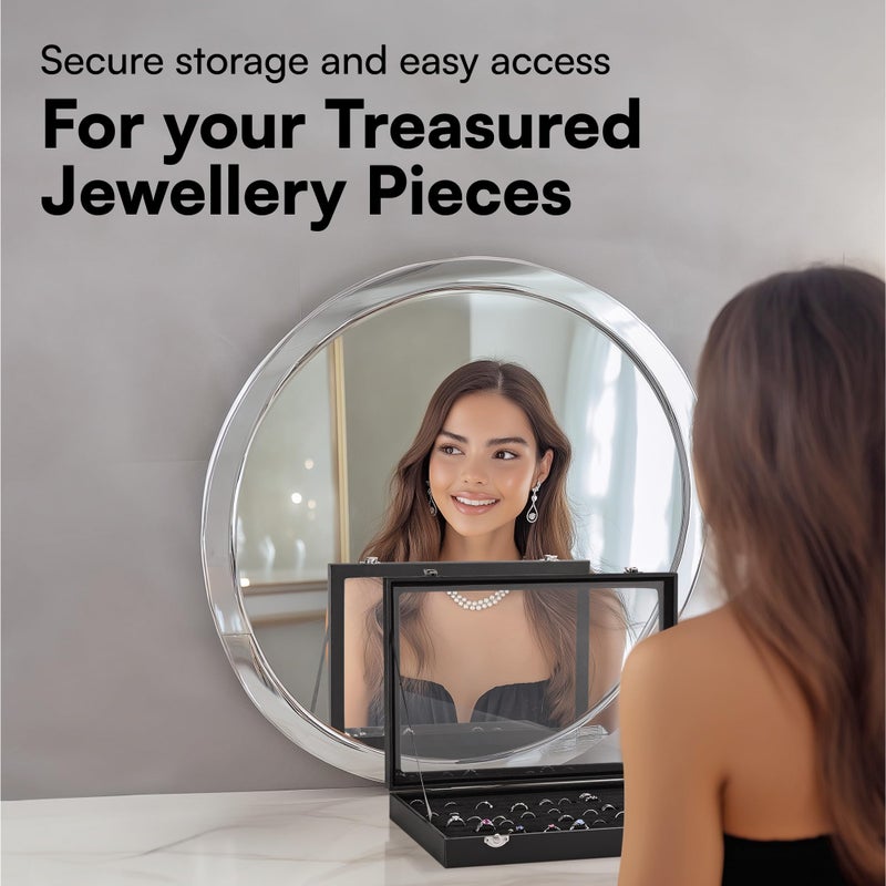 H&S HS Ring Display Box Case - Jewelry Storage Organizer with Glass Lid & Velvet Lining - Holder Tray Fits up to 100 Rings - Black - Image 2